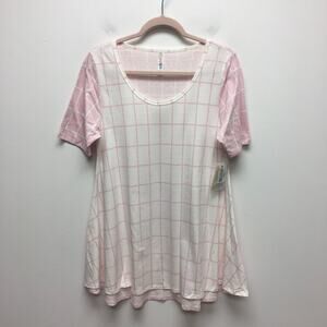 LuLaRoe Womens Pink White Two Tone Plaid Scoop Side Slit Swing Perfect T-Shirt M
